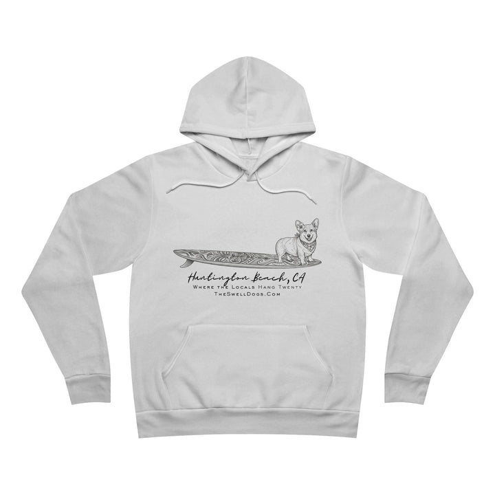White pullover hoodie featuring a Corgi dog standing on a tiki surfboard with "Huntington Beach, CA" text