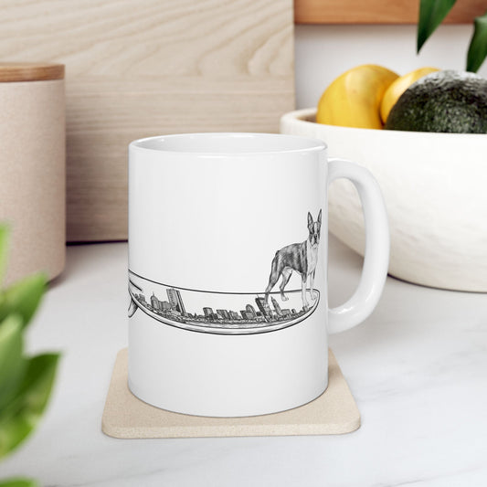 Boston Terrier mug on beach or desk — surf inspired dog lover gift — The Swell Dogs Huntington Beach