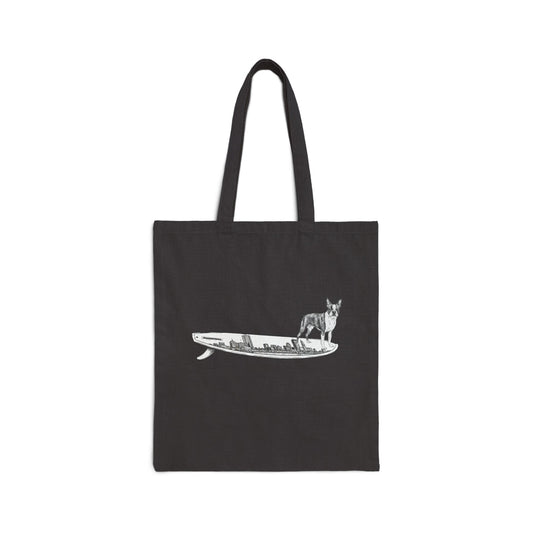 Boston Terrier black canvas beach tote — Buddy on the Boston Skyline surfboard — The Swell Dogs