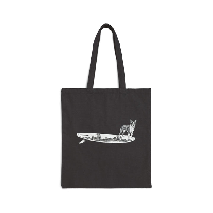 Boston Terrier black canvas beach tote — Buddy on the Boston Skyline surfboard — The Swell Dogs
