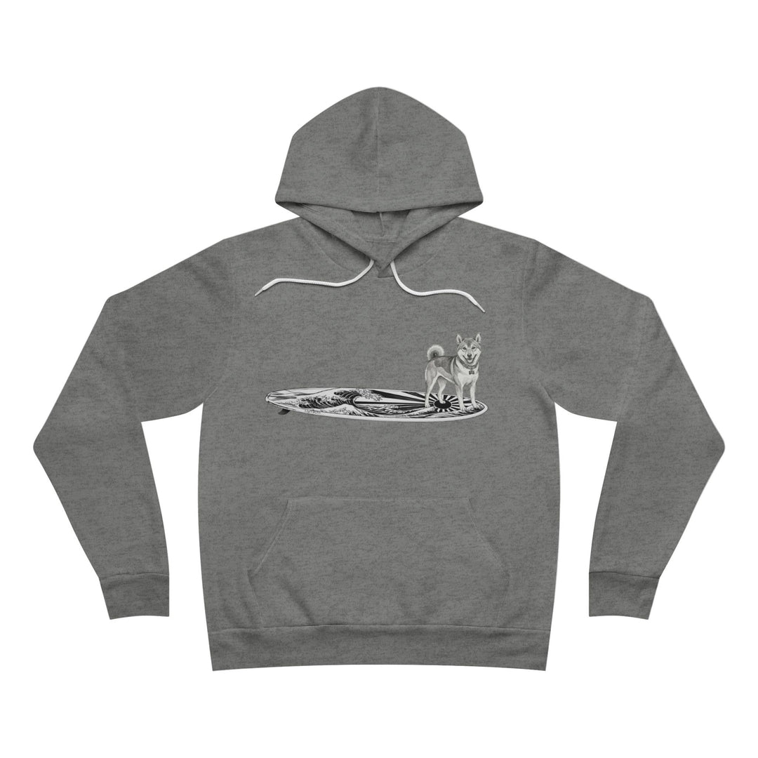Gray hoodie with a graphic of a Shiba Inu on a Japanese Rising Wave surfboard. 