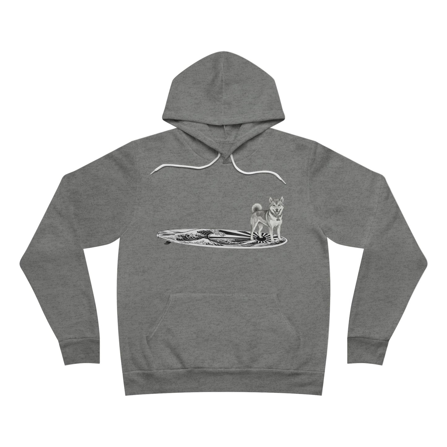 Gray hoodie with a graphic of a Shiba Inu on a Japanese Rising Wave surfboard. 
