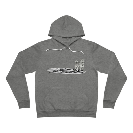 Gray hoodie with a graphic of a Shiba Inu on a Japanese Rising Wave surfboard. 