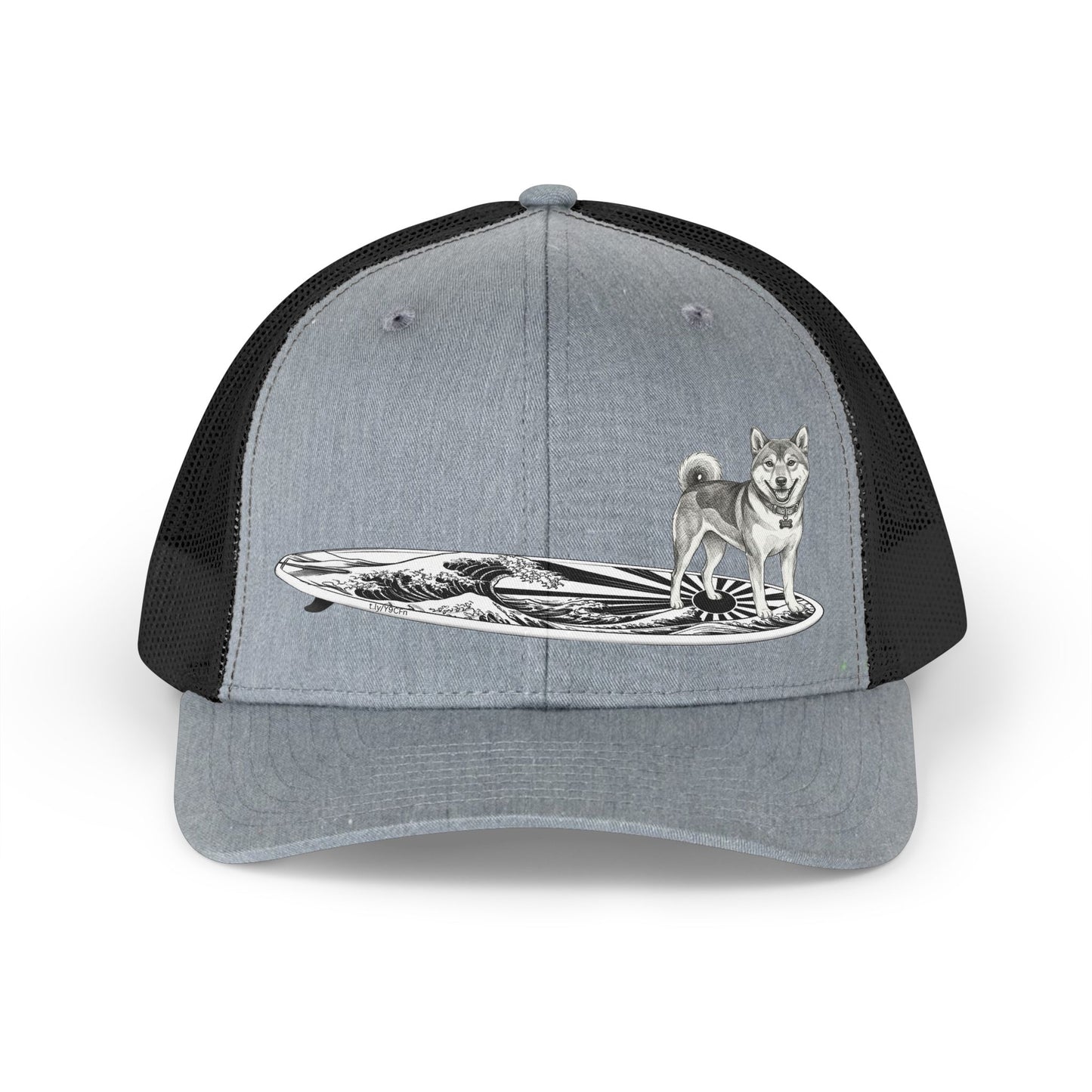 Shiba Inu surf trucker hat in gray and black with vintage rising wave and Japanese sun flag surfboard illustration — The Swell Dogs