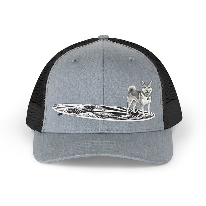 Shiba Inu surf trucker hat in gray and black with vintage rising wave and Japanese sun flag surfboard illustration — The Swell Dogs