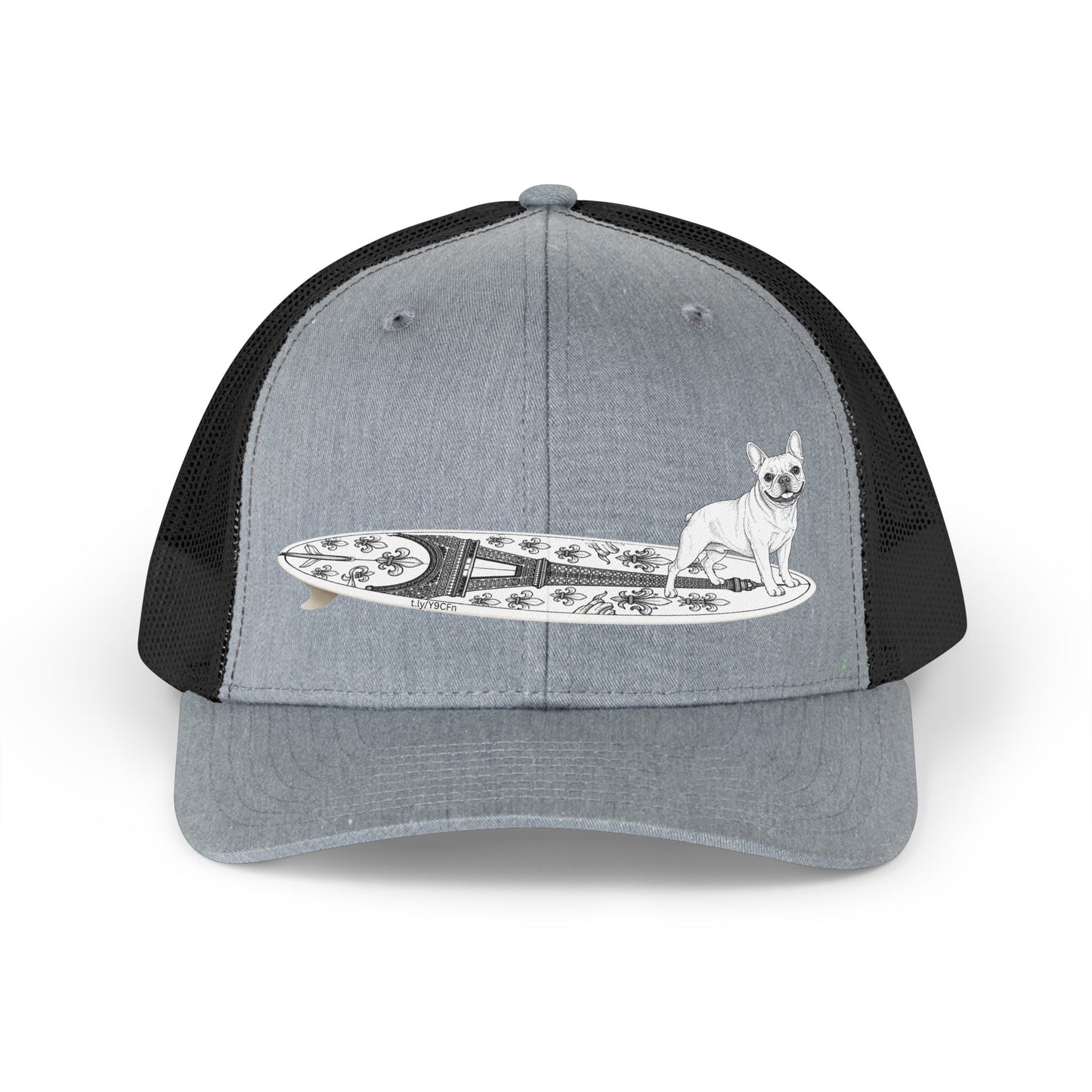 Gray and black French Bulldog surf hat — Eiffel Tower board design — The Swell Dogs Huntington Beach