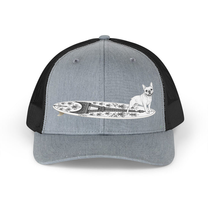 Gray and black French Bulldog surf hat — Eiffel Tower board design — The Swell Dogs Huntington Beach