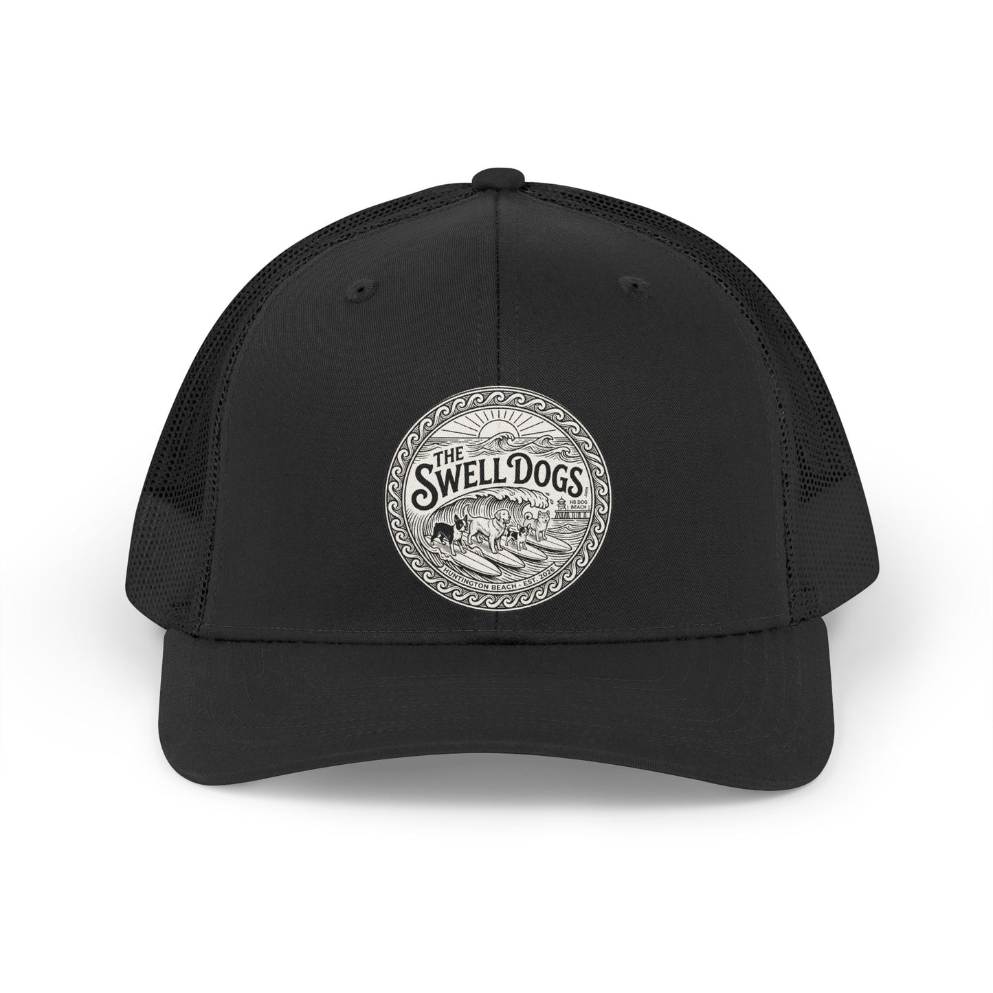 Black trucker hat with The Swell Dogs logo on the front.