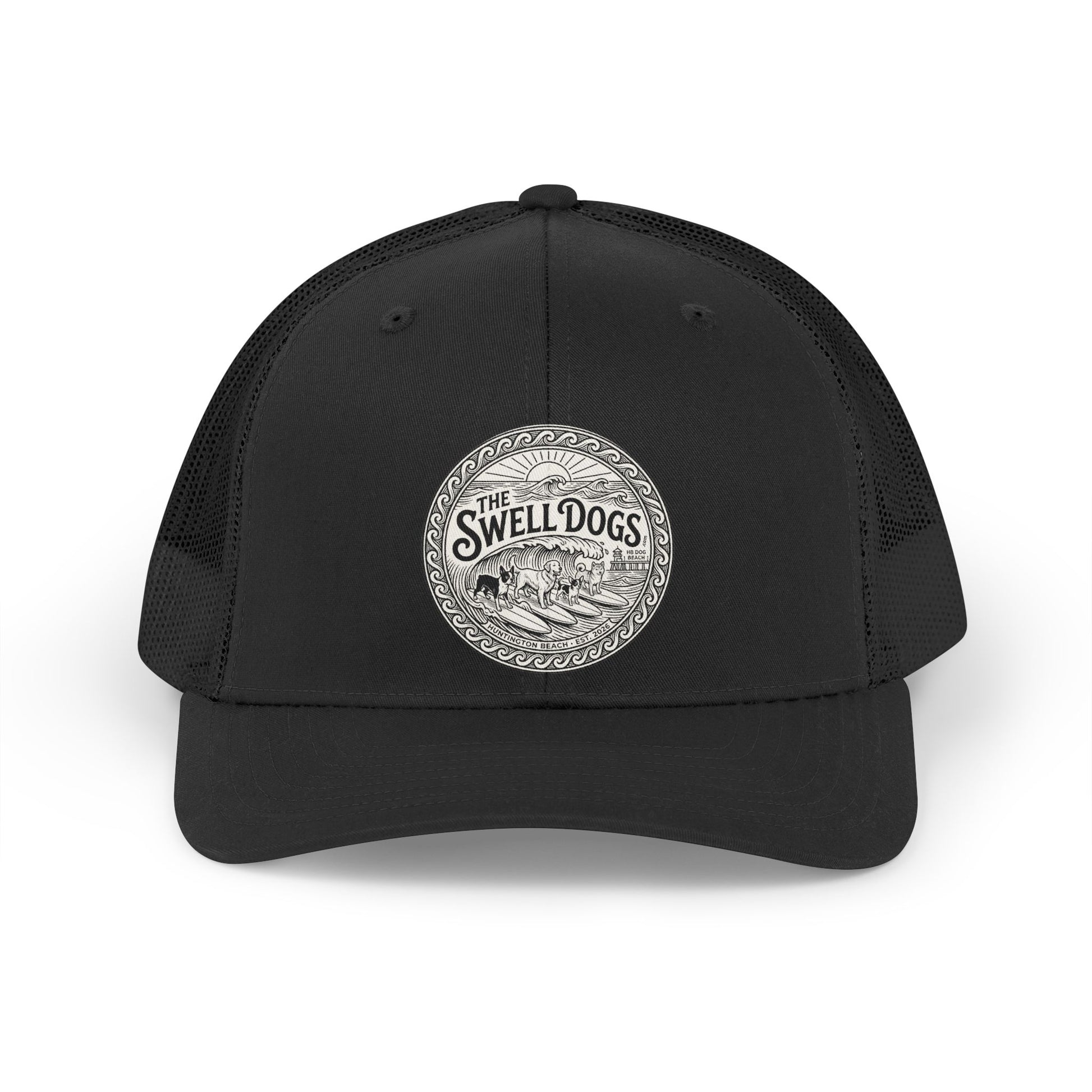 Black trucker hat with The Swell Dogs logo on the front.