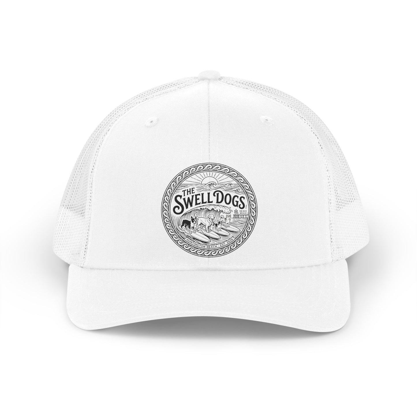 White trucker hat with The Swell Dogs logo on the front.