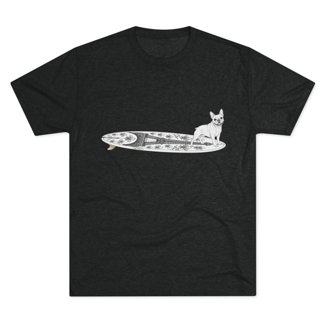 Black French Bulldog Eiffel Tower surf tee worn at the beach — dog lover gift for French Bulldog owners