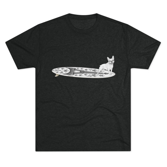 Black French Bulldog Eiffel Tower surf tee worn at the beach — dog lover gift for French Bulldog owners