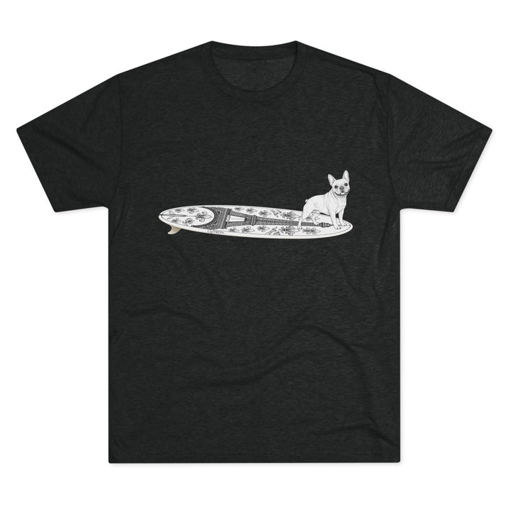 Black French Bulldog Eiffel Tower surf tee worn at the beach — dog lover gift for French Bulldog owners