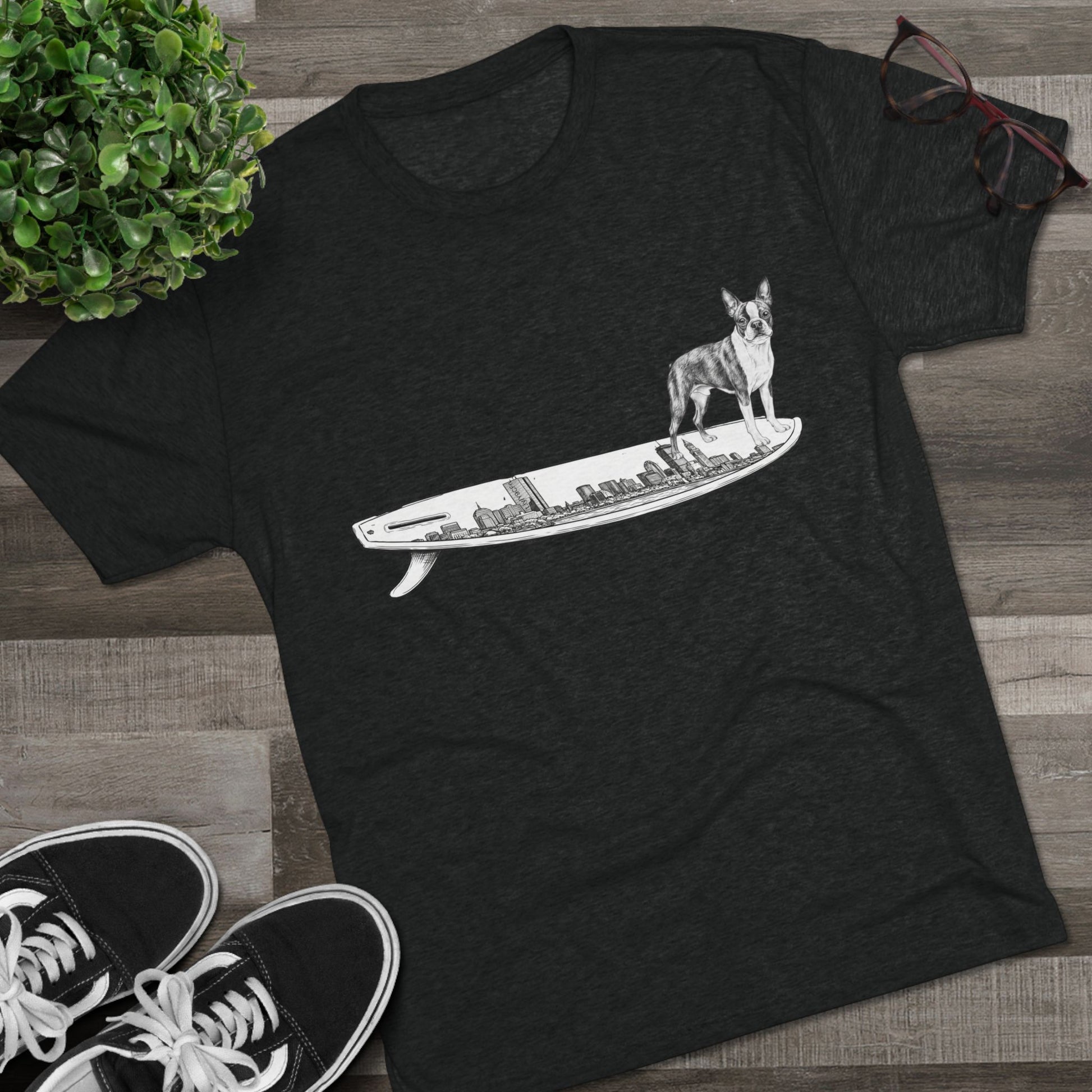 Boston Terrier surf graphic black tee — Buddy on the Boston Skyline surfboard — The Swell Dogs