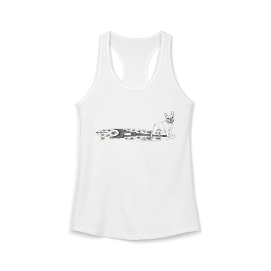 White racerback tank top with a French Bulldog on an Eiffel Tower surfboard.