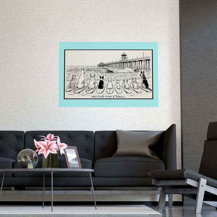 Illustration of dogs on surfboards waiting for a swell with a pier in the background hanging on a wall in a living room.