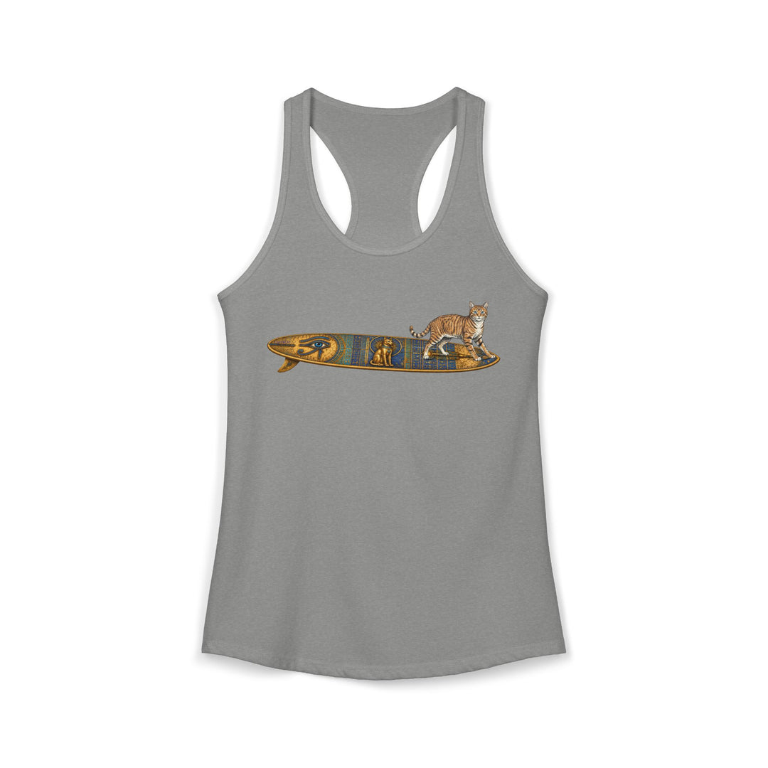 Grey racerback tank top featuring a tabby cat standing on an Egyptian surfboard