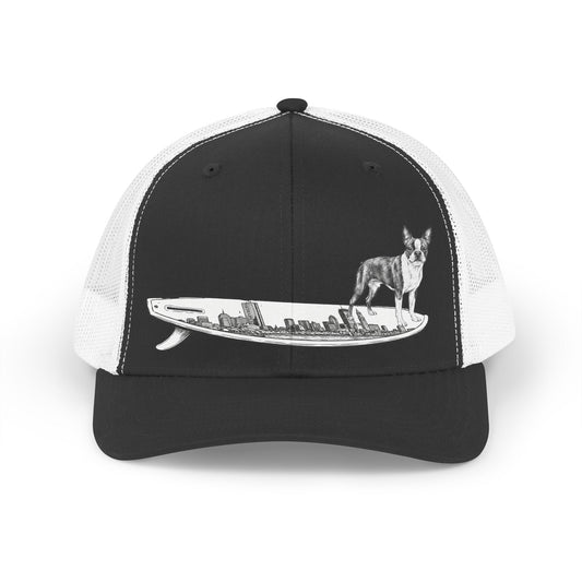 Boston Terrier surf hat — Buddy on the Boston Skyline surfboard — The Swell Dogs