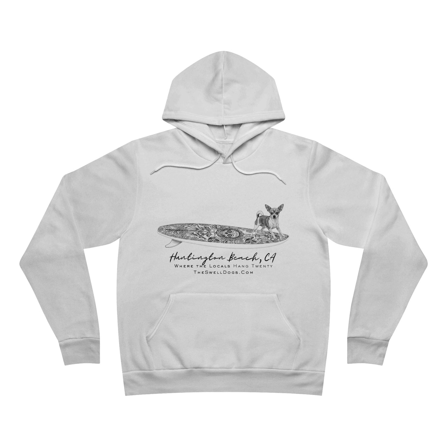 White pullover hoodie featuring a Chihuahua dog standing on a Día de los Muertos surfboard with "Huntington Beach, CA" text