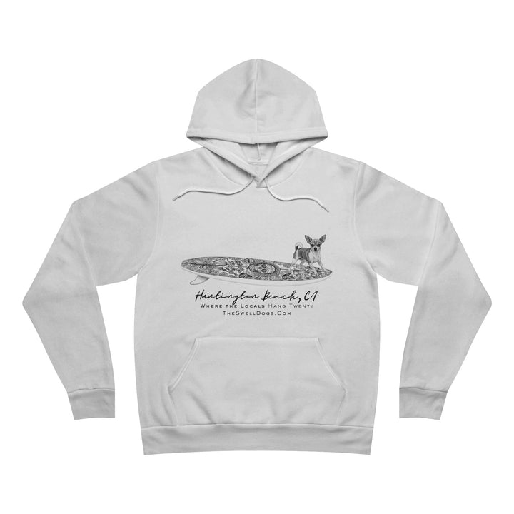 White pullover hoodie featuring a Chihuahua dog standing on a Día de los Muertos surfboard with "Huntington Beach, CA" text