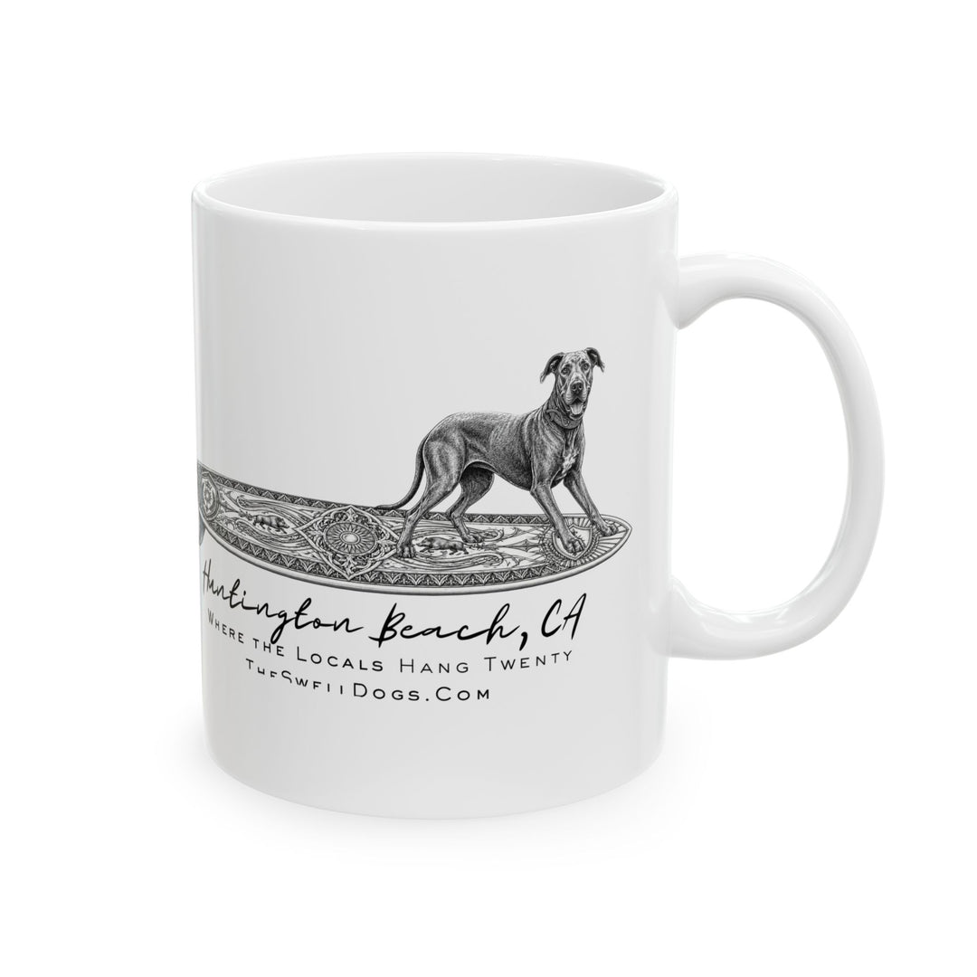 White mug featuring a Great Dane standing on a surfboard with "Huntington Beach, CA" text