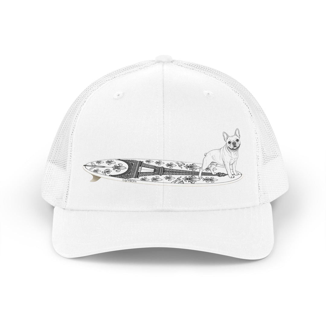 White French Bulldog surf hat — Eiffel Tower board design — The Swell Dogs Huntington Beach