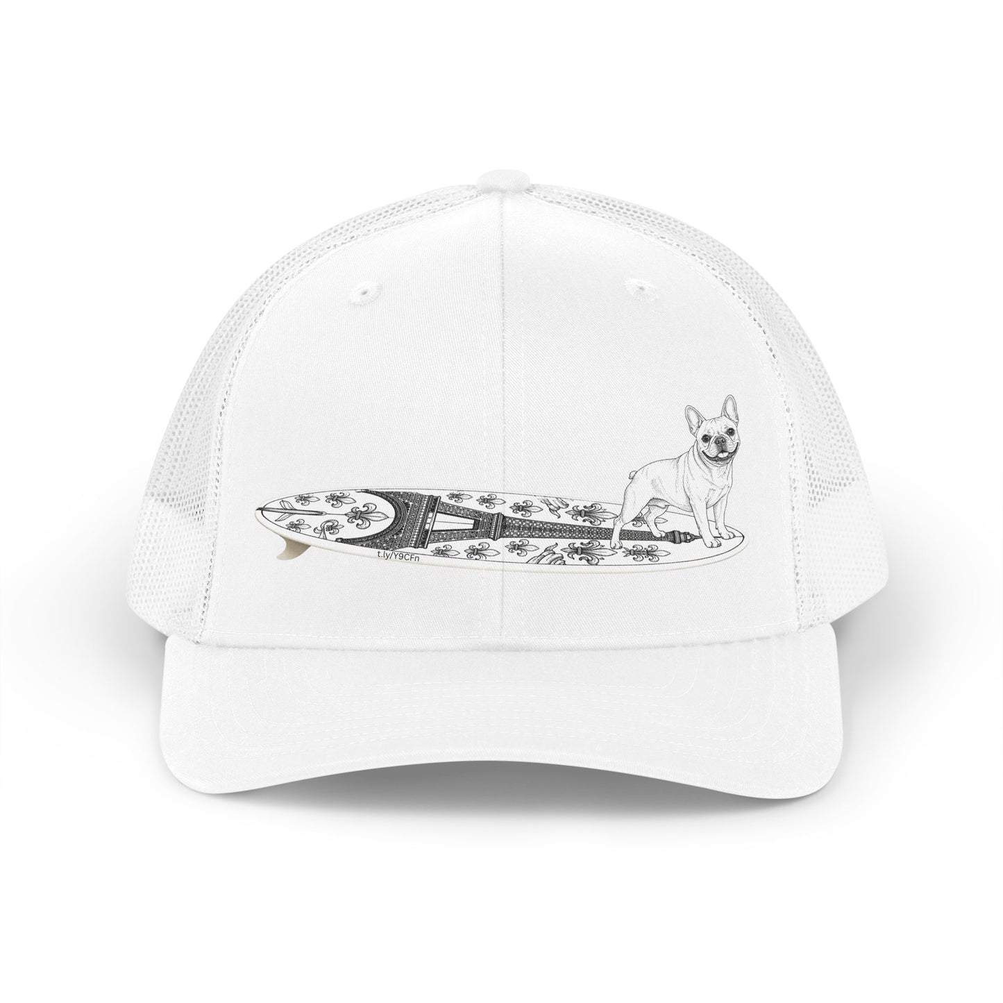 White French Bulldog surf hat — Eiffel Tower board design — The Swell Dogs Huntington Beach