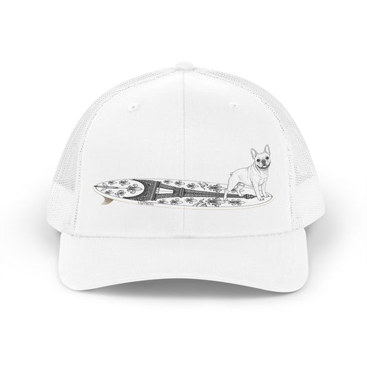 White French Bulldog surf hat — Eiffel Tower board design — The Swell Dogs Huntington Beach