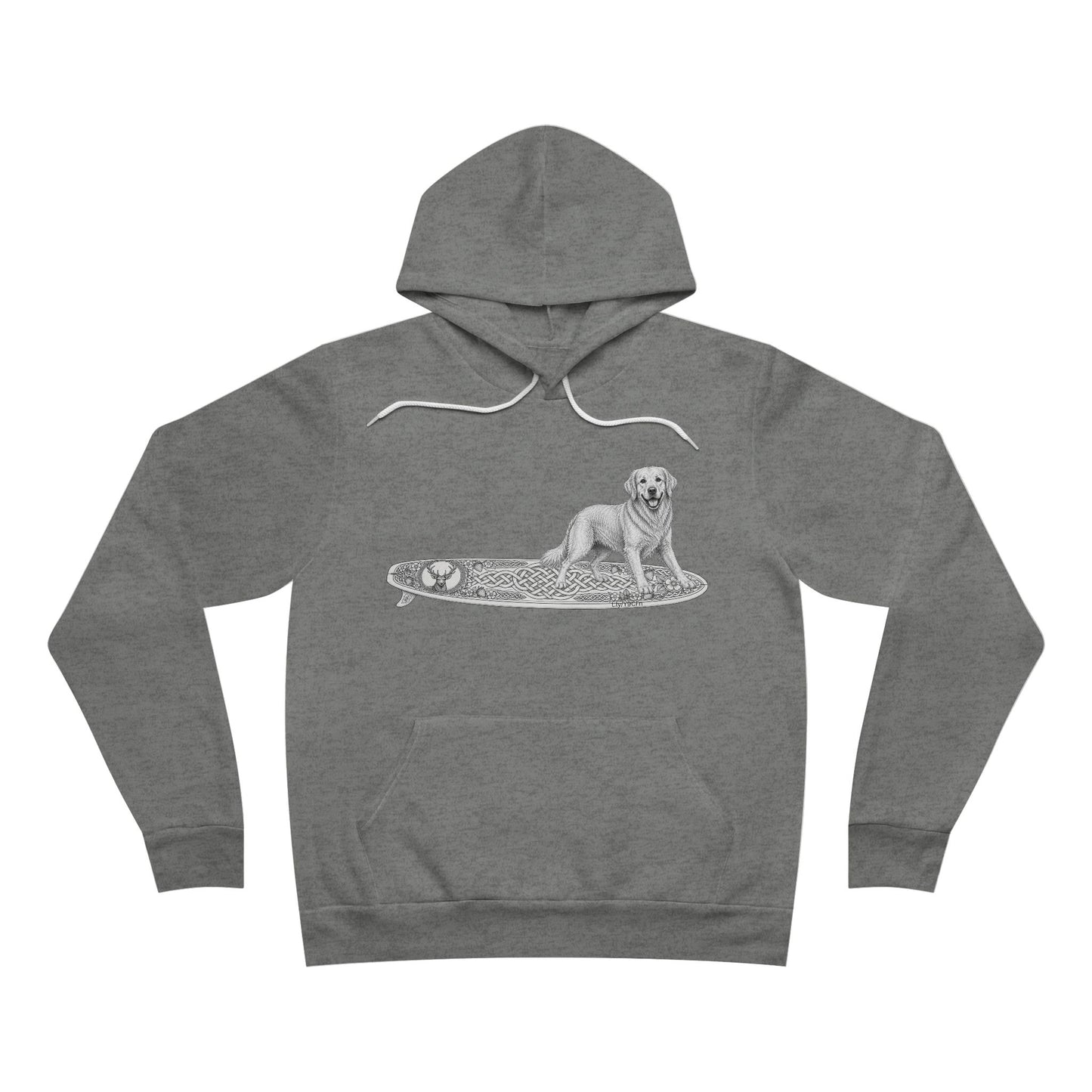 Gray hoodie with a graphic of a Golden Retriever on an Guisachan surfboard.