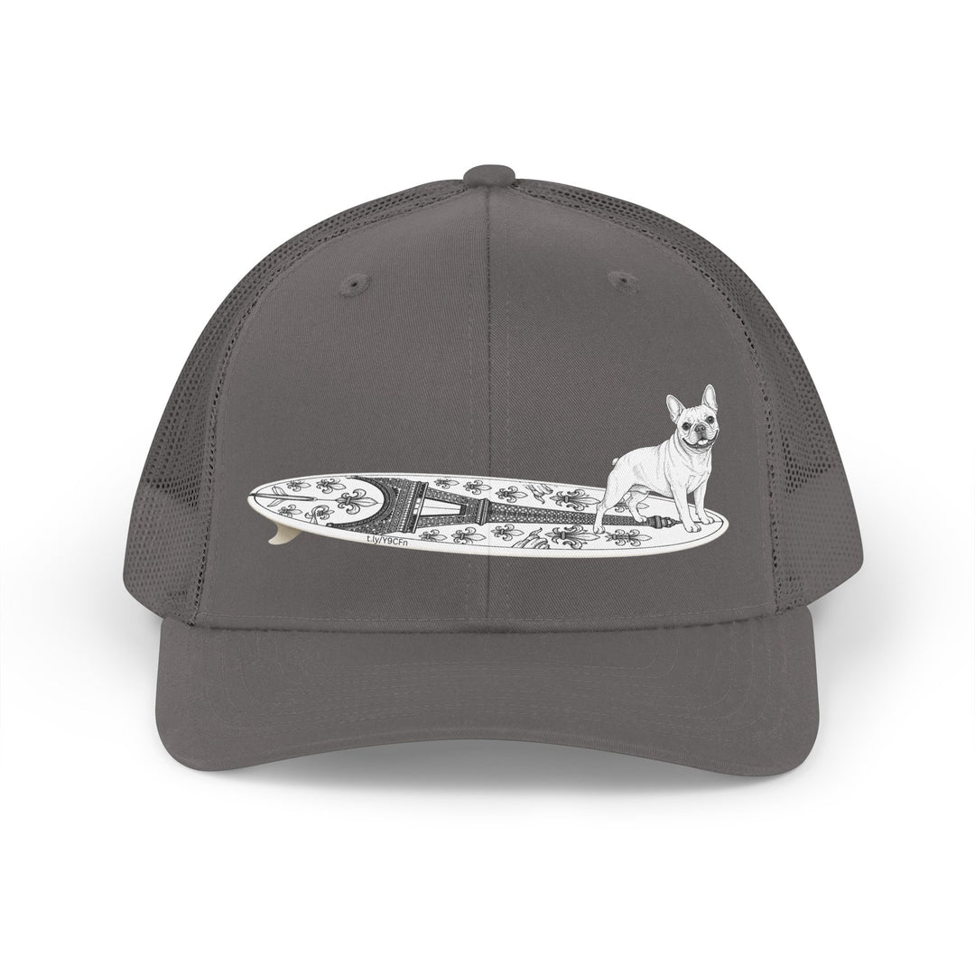 Gray French Bulldog surf hat — Eiffel Tower board design — The Swell Dogs Huntington Beach