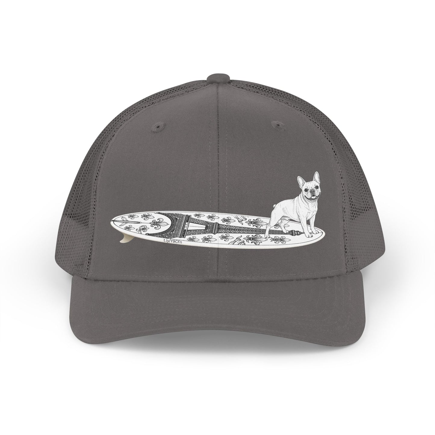 Gray French Bulldog surf hat — Eiffel Tower board design — The Swell Dogs Huntington Beach