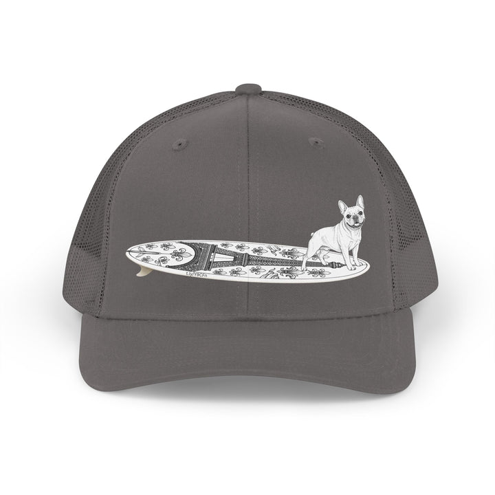 Gray French Bulldog surf hat — Eiffel Tower board design — The Swell Dogs Huntington Beach
