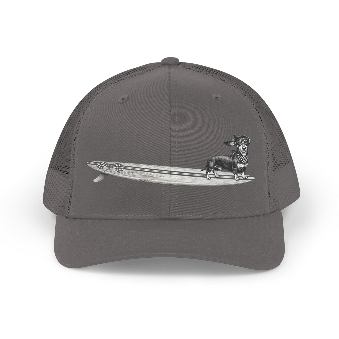 Grey and white trucker hat with vintage Dachshund in checkered racing flag bandana on a wood grain racing flag surfboard — The Swell Dogs