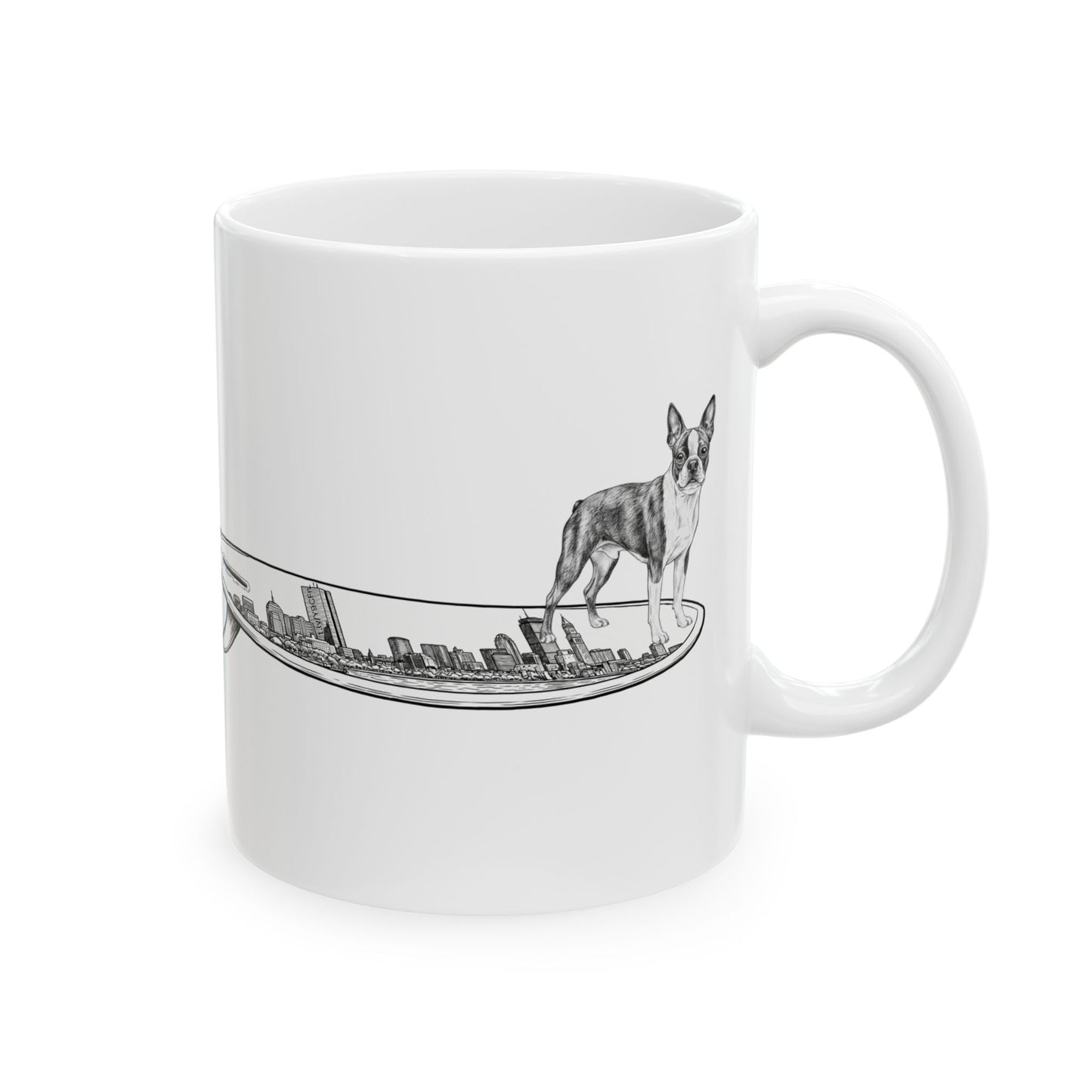 Boston Terrier coffee mug — Buddy on the Boston Skyline surfboard — The Swell Dogs