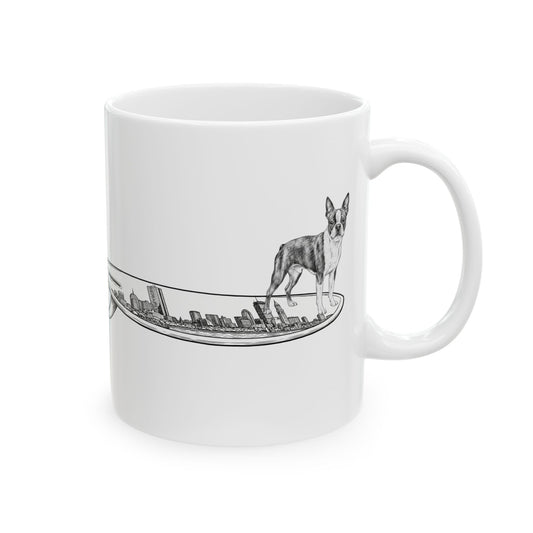 Boston Terrier coffee mug — Buddy on the Boston Skyline surfboard — The Swell Dogs