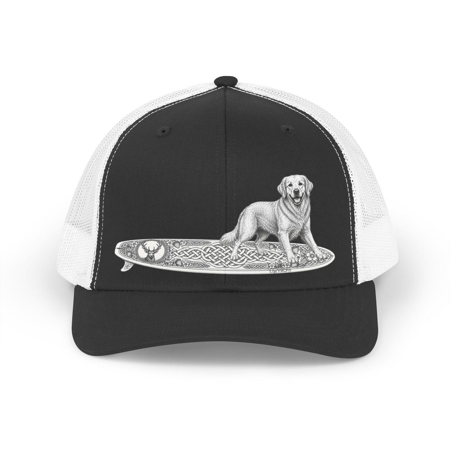 Black and white trucker hat with a Golden Retriever riding a long surfboard with keltic knots and embellishments.cap with a dog on a surfboard design
