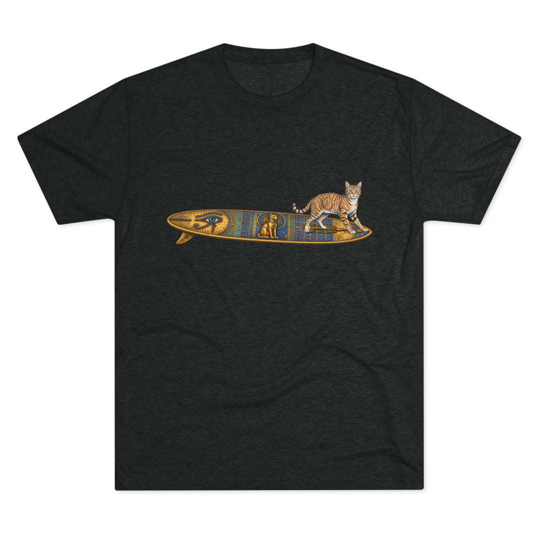 Black t-shirt featuring a tabby cat standing on an Egyptian surfboard 