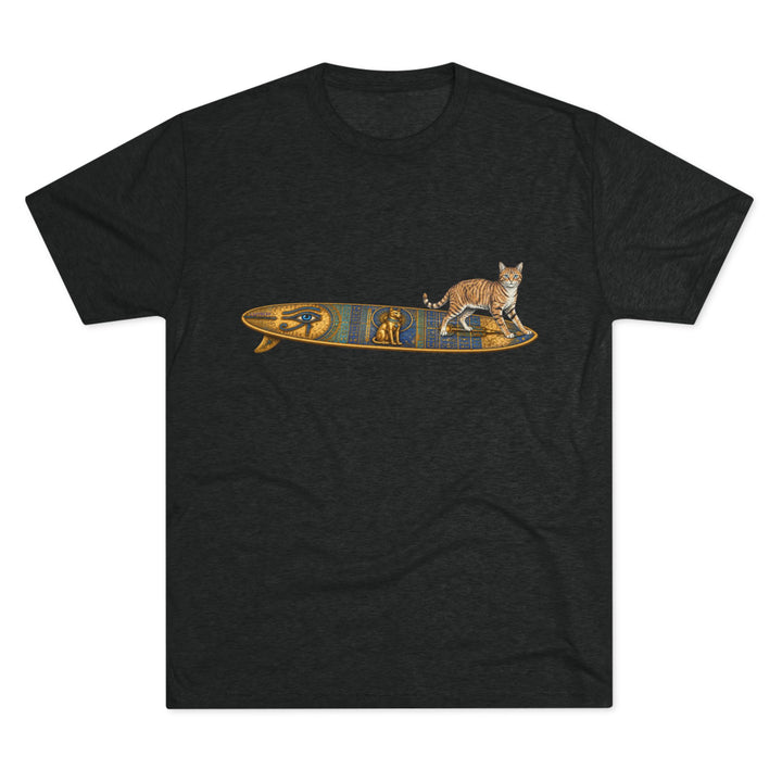 Black t-shirt featuring a tabby cat standing on an Egyptian surfboard 