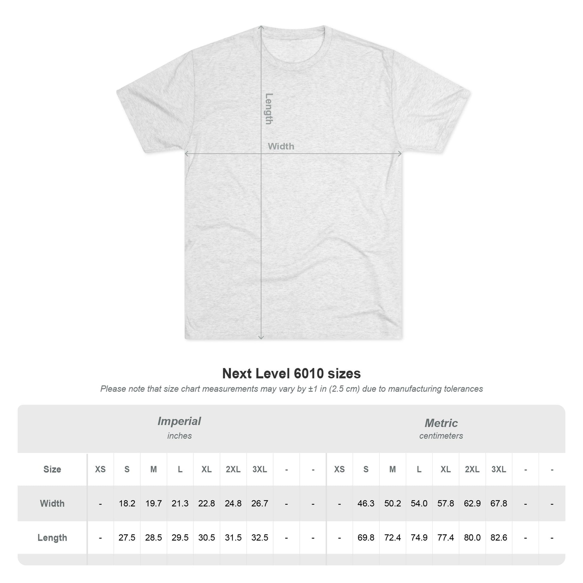 White t-shirt with size chart measurements on a white background