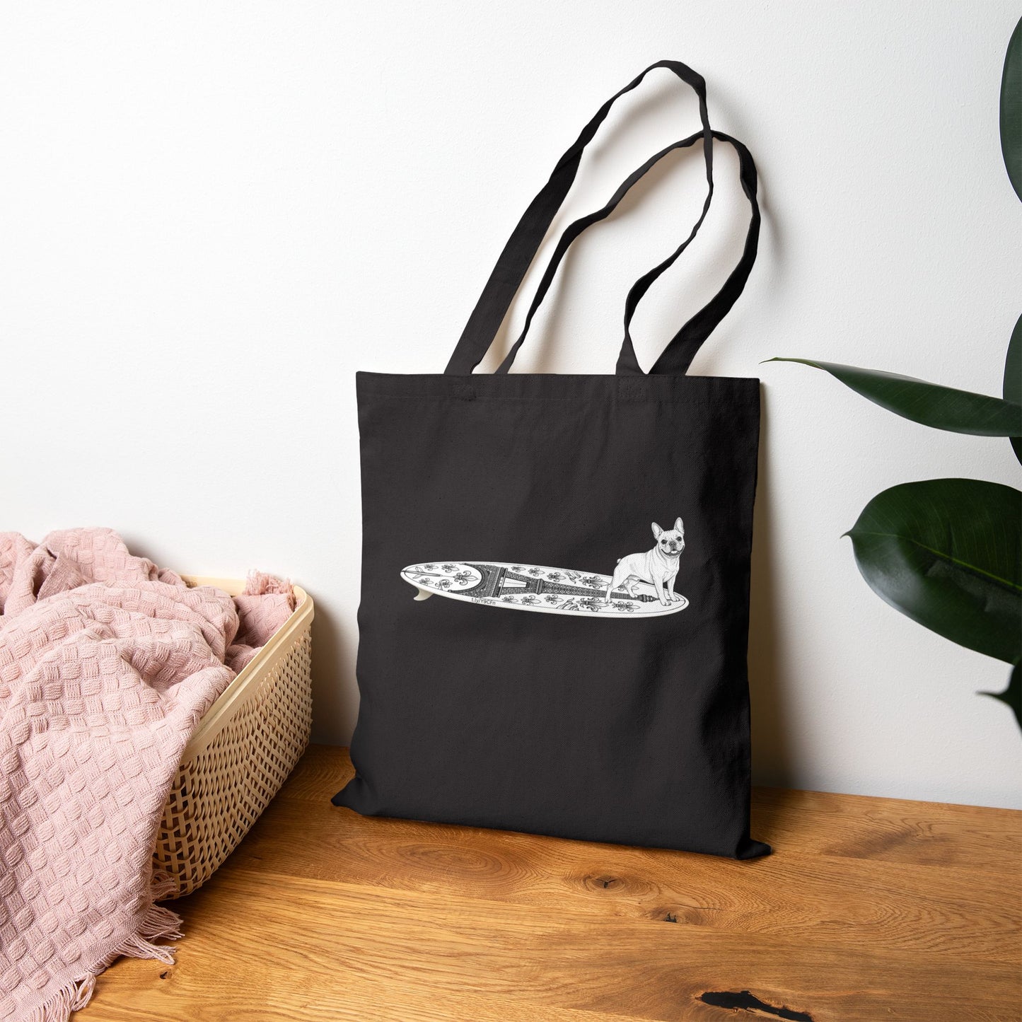 Black French Bulldog beach tote — Eiffel Tower surfboard graphic — dog lover beach bag — The Swell Dogs