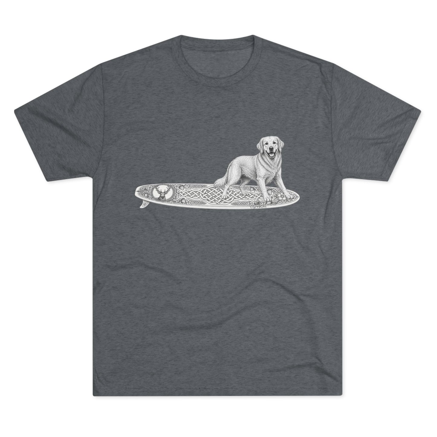 Gray t-shirt with a Golden Retriever riding a long surfboard with keltic knots and embellishments.
