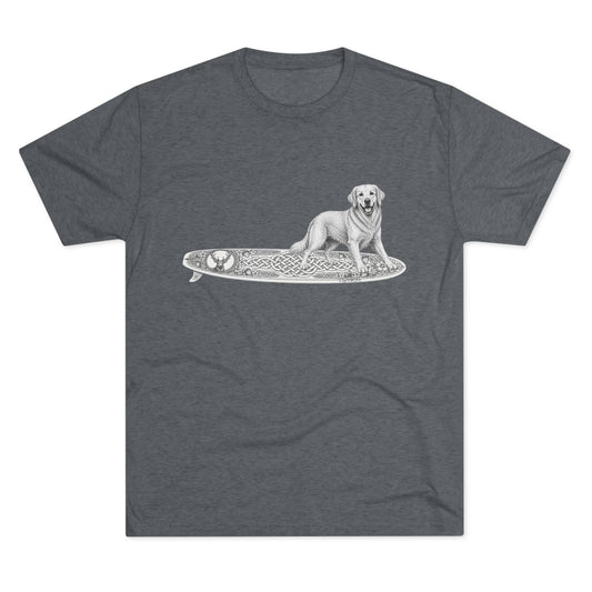 Gray t-shirt with a Golden Retriever riding a long surfboard with keltic knots and embellishments.