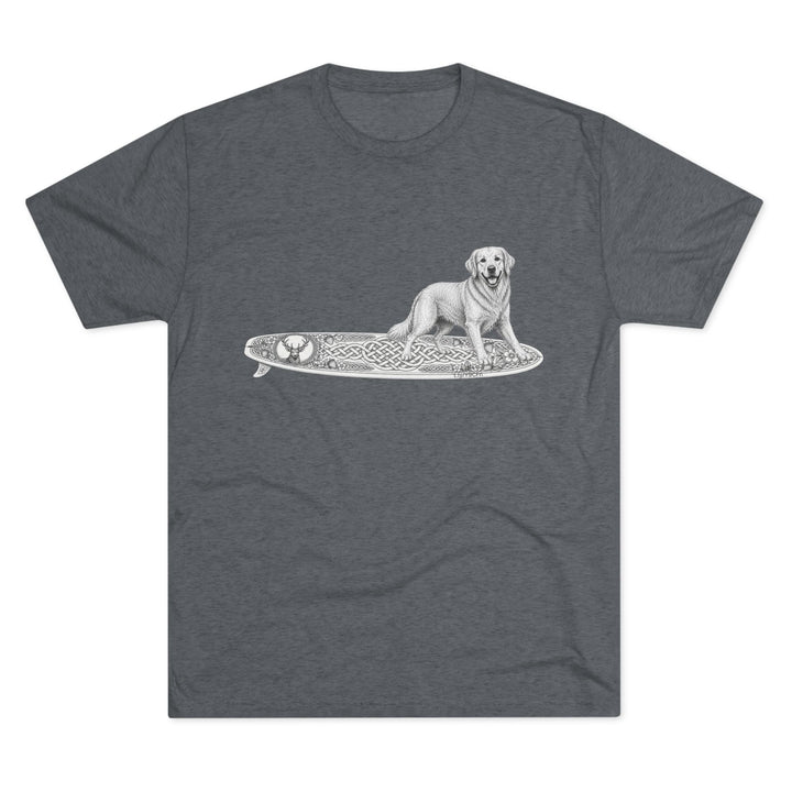 Gray t-shirt with a Golden Retriever riding a long surfboard with keltic knots and embellishments.