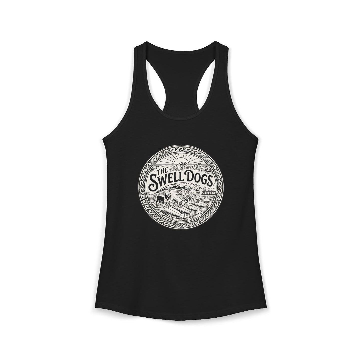 Black racerback tank top with 'The Swell Dogs' logo on it.