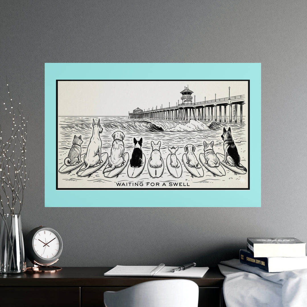 Framed artwork Illustration of dogs on surfboards waiting for a swell with a pier in the background.