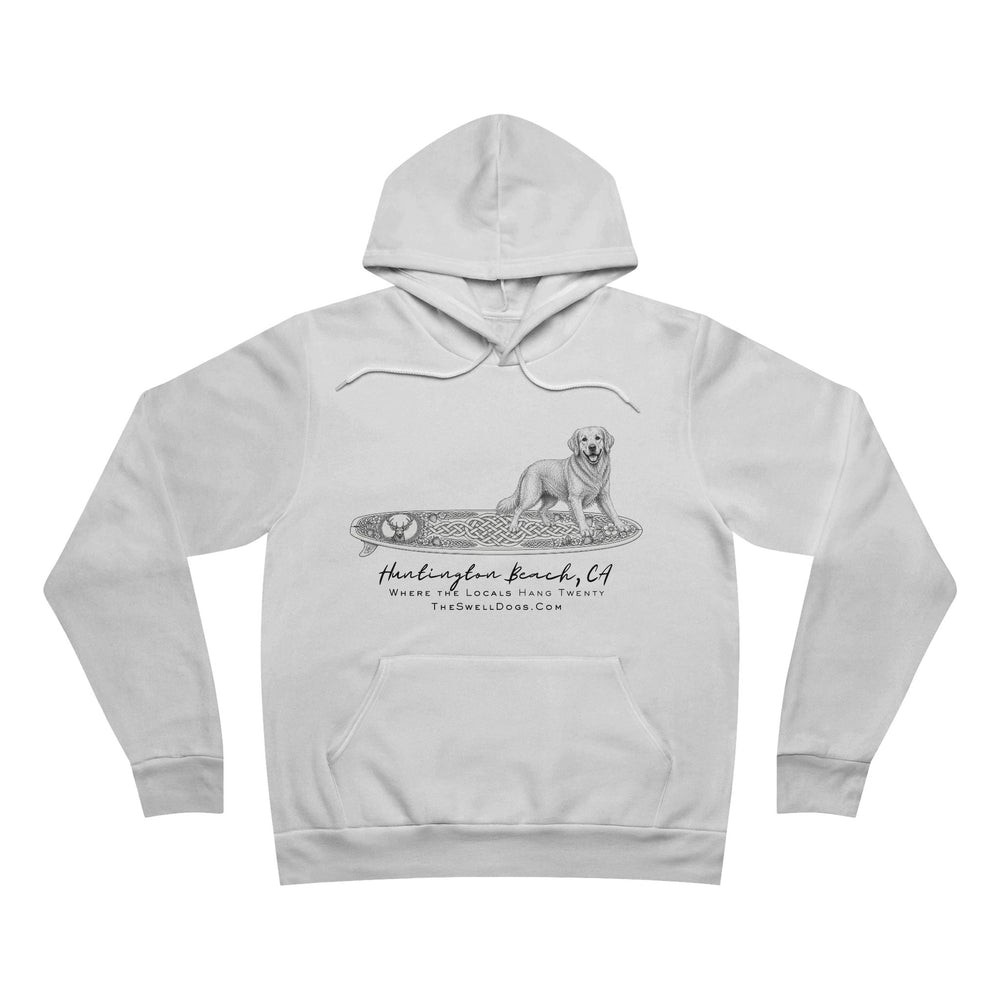 White pullover hoodie featuring a Golden Retriever dog standing on a Scottish surfboard with "Huntington Beach, CA" text