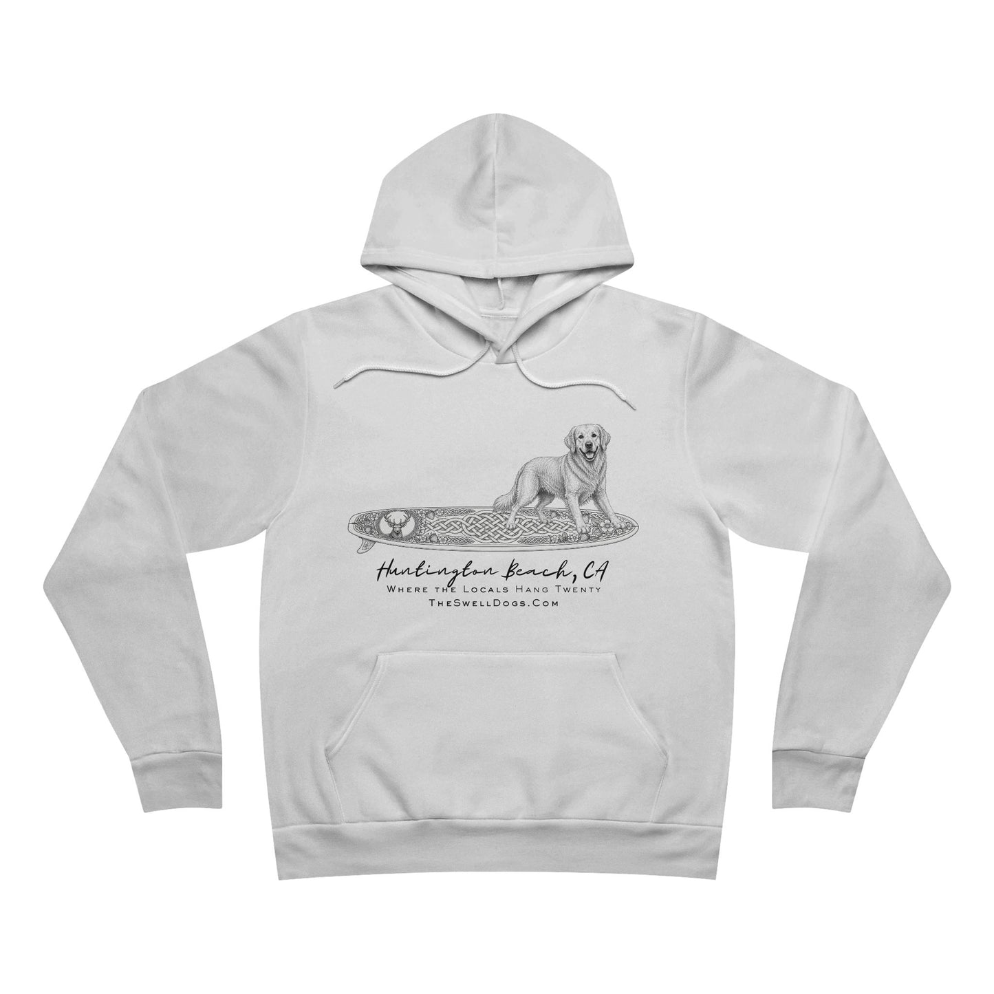 White pullover hoodie featuring a Golden Retriever dog standing on a Celtic surfboard with "Huntington Beach, CA" text