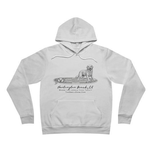 White pullover hoodie featuring a Golden Retriever dog standing on a Scottish surfboard with "Huntington Beach, CA" text