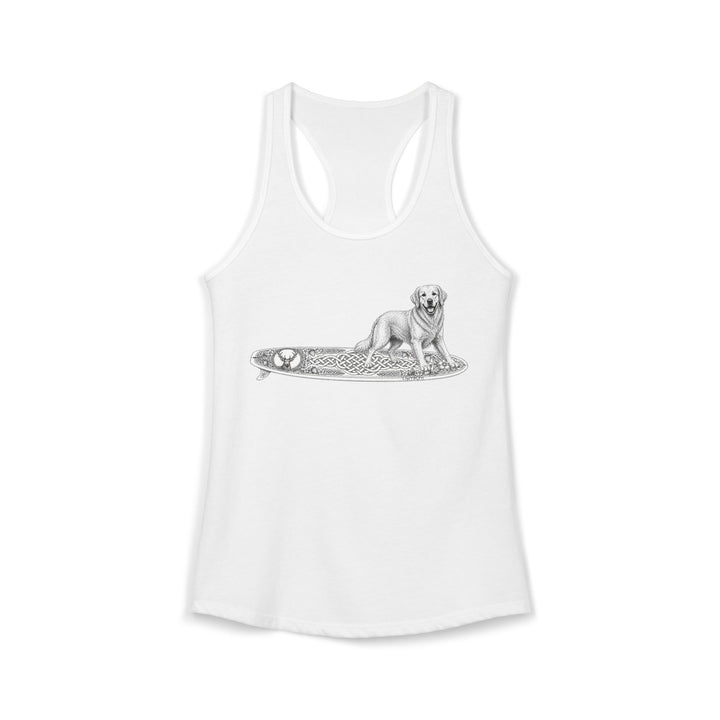 White tracerback tank top with a Golden Retriever riding a long surfboard with keltic knots and embellishments.