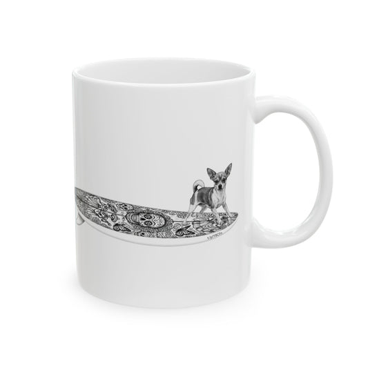 White mug with a Chihuahua surfing on a Day of the Dead surfboard.